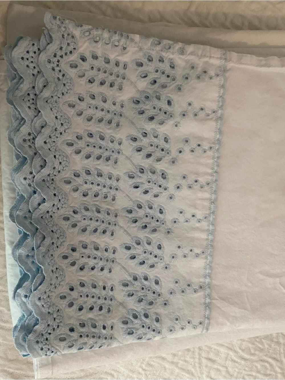 Embroidered Eyelet Hem Cotton Sheet - white with Light Blue Trim